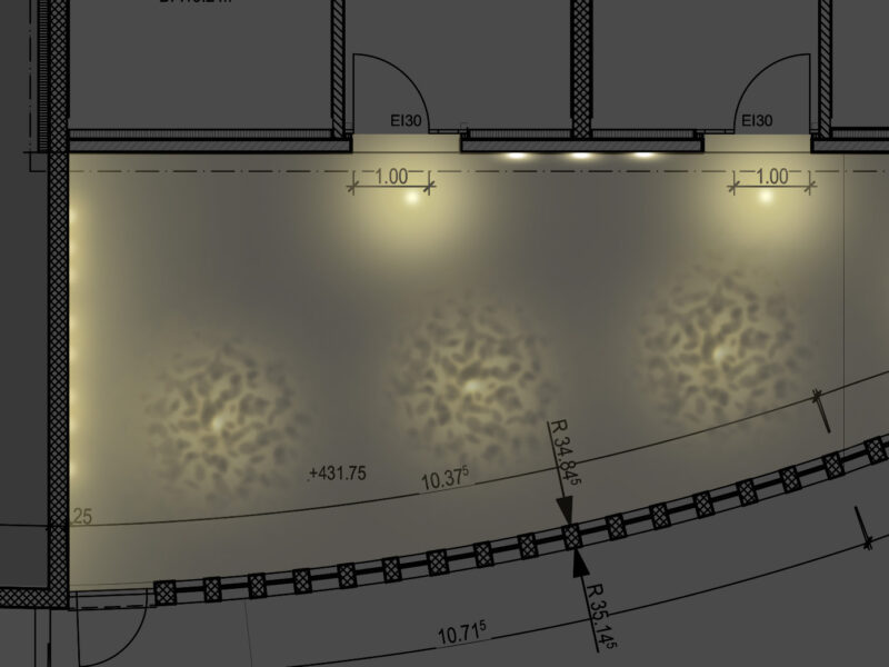 Halle Beleuchtung Licht Downlight Deckeneinbauleuchte Wandleuchte Indirektlicht Schatten Schattenfilter Filter Haus Eingang Zugang Erschliessung Eingangstür Eingangstüre