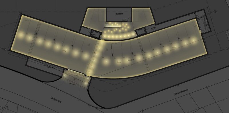 Lichtdesign Lichtdesignkonzept Lichtkonzept Konzept Lichtplanung Erschliessung Halle Eingang Hauseingang Zugang Wohnung Wandleuchte Downlight Deckeneinbauleuchte Licht Beleuchtung Leuchte Treppenhaus Treppenhalle Treppe Wegeführung Raumgefühl Atmosphäre Tiefgarage Garage Einfahrt Beleuchtung Parkplatz Parkplätze parkieren